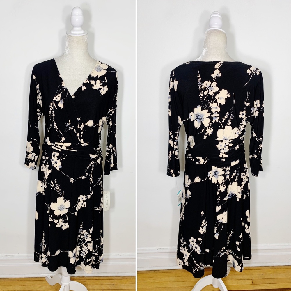 EVAN PICONE black floral V neck fit flare dress